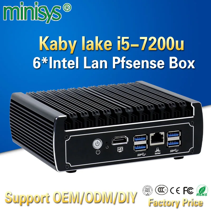 Minisys новейший Pfsense Box 7th Gen Kaby Lake Intel i5 7200u 2,5 ГГц двухъядерный безвентиляторный чехол 6 lan мини-сервер ПК Поддержка AES-NI