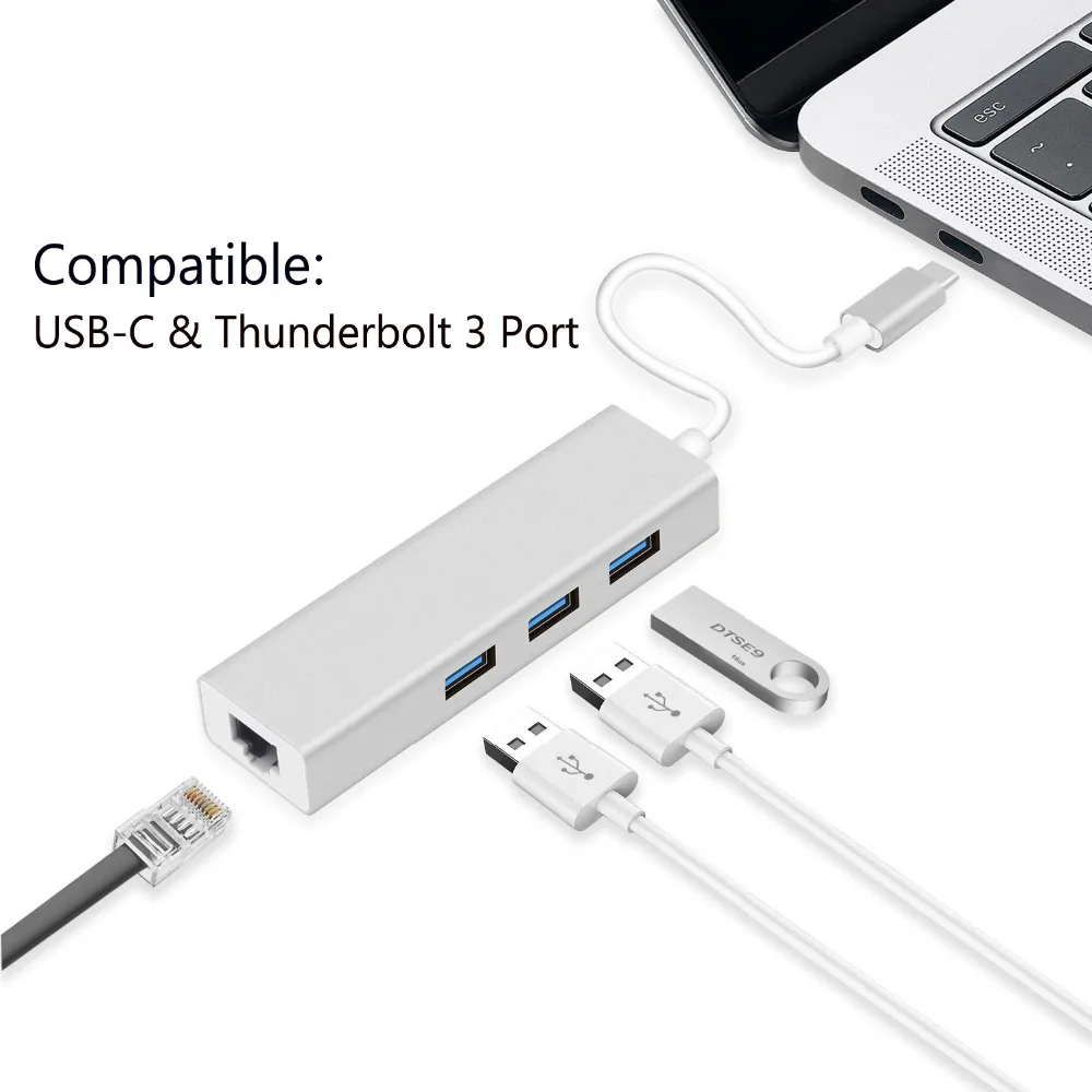 USB Ethernet USB 3,0 для Rj45 сетевой адаптер 3 Порты и разъёмы концентратор USB Type C 10/100/1000 Мбит/с Gigabit Ethernet сетевой карты для MacBook