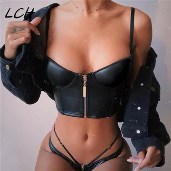 

Black PU Leather Zipper Camis Top 2019 Women Slim Cropped Top Fashion Sleeveless Party Sexy Camisole New Arrival