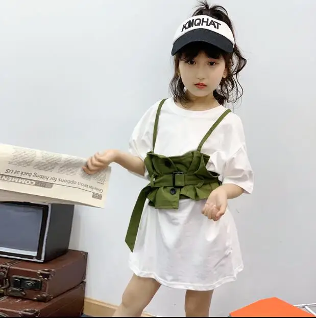 

2019 Korean style girls 2 pcs set dress+waist girdle fashion summer girls suit 3-8t B834