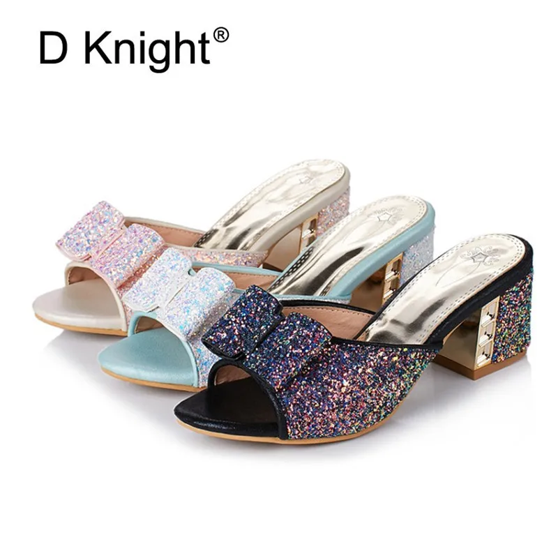 2018 Female Slippers Sepuined Cloth Sandals Summer Shoes Women Mules Lady Flip Flops Black High Heeled Slides Shoes Plus Size 43 (2)