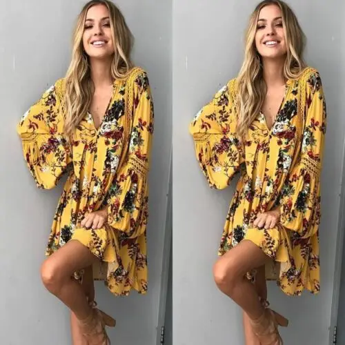 

Women Summer Boho Floral Cocktail Party Bikini Beach Wear Cover Up Lantern Sleeve Dress Mini Sundress