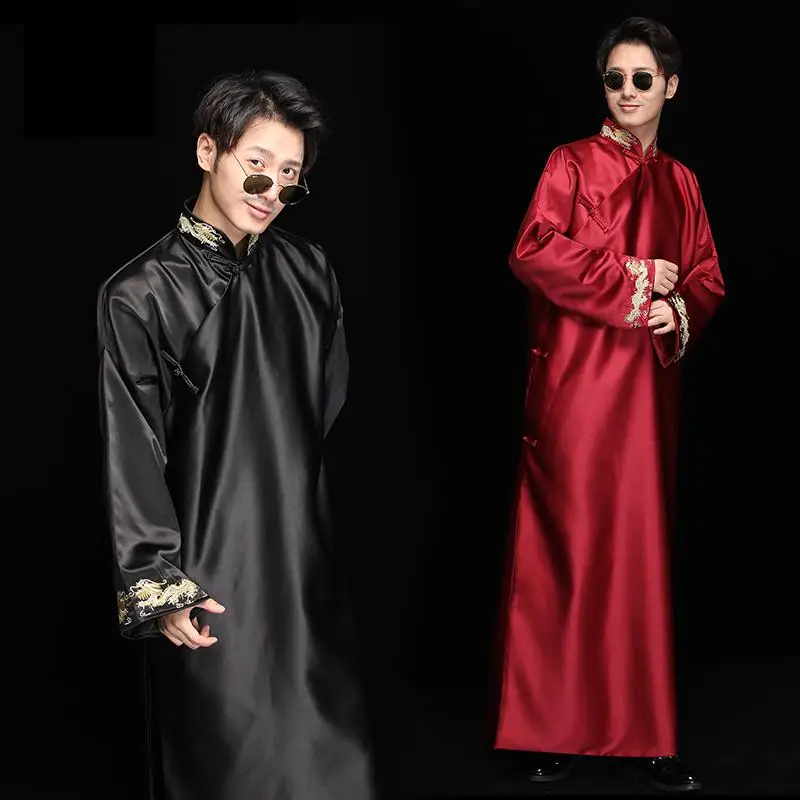 

Ancient Groomsman Wedding Party Clothes Classic Men Tang Clothing Mandarin Collar Vintage Long Robe Gown Stage Show Costume