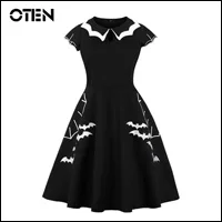 OTEN-Large-Size-Clothing-2018-Women-Cap-Sleeve-Bat-Embroidery-A-Line-Rockabilly-Pin-up-Skater