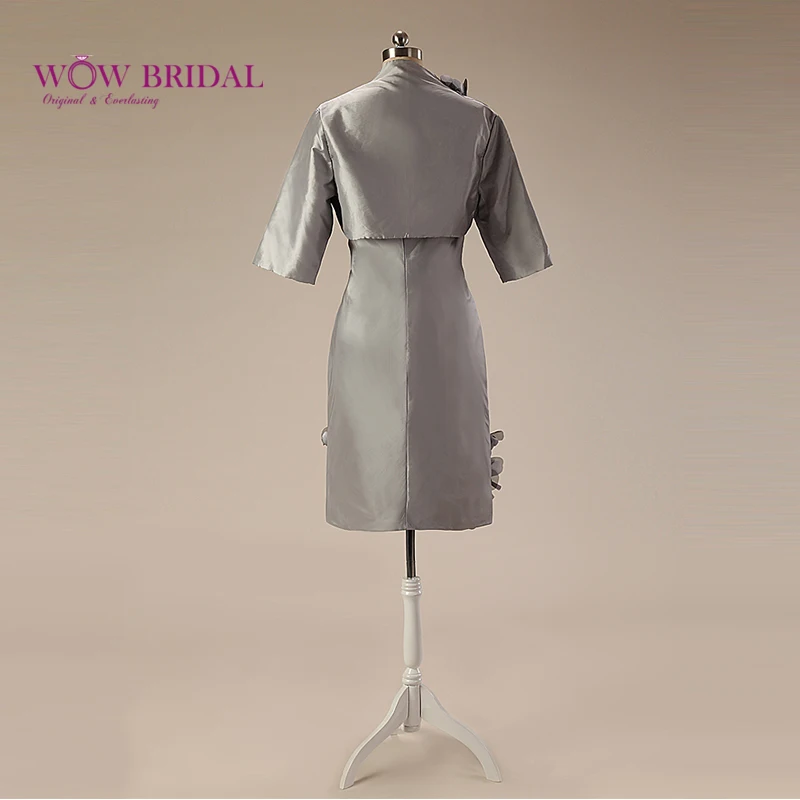 Серебристые платья Wowbridal из тафты для матери невесты с курткой Короткие вечерние
