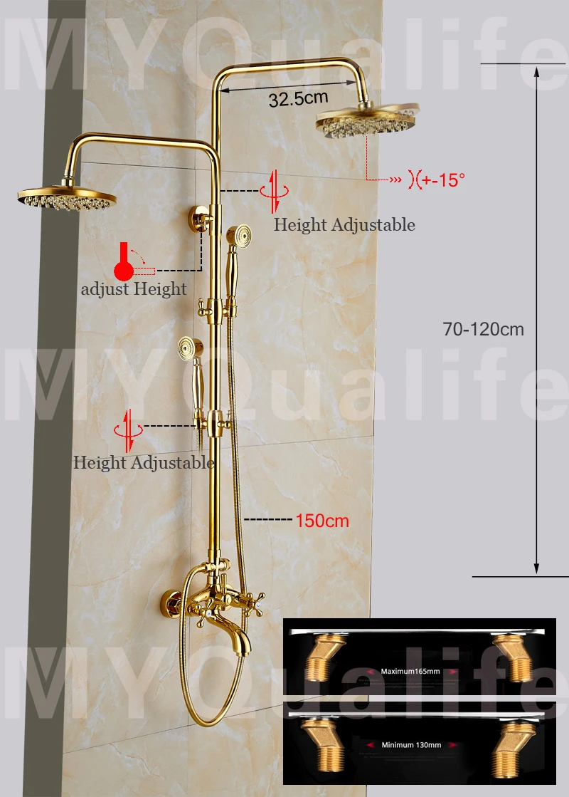 Золотой " дождевой Душ Misers настенный двойной ручкой с ручной душ смеситель для душа и ванной кран с регулируемой высотой