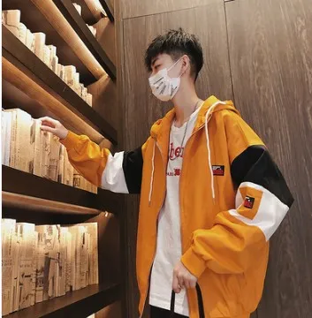 

Fashion Casual Men's Jacket Spring And Autumn New M-2XL Stitching Loose Hooded Jacket Yellow Black Personality Youth Popular