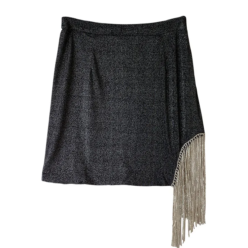 

Brand fashion women's high-end luxury summer elegant sexy slim chain tassel bright silk irregular skirt