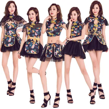 

New Arrival Cheerleader Cosplay Costume Sexy Cheongsam Uniforms Korean singer Floral short Dress Dancer Nightclub Stage Costume