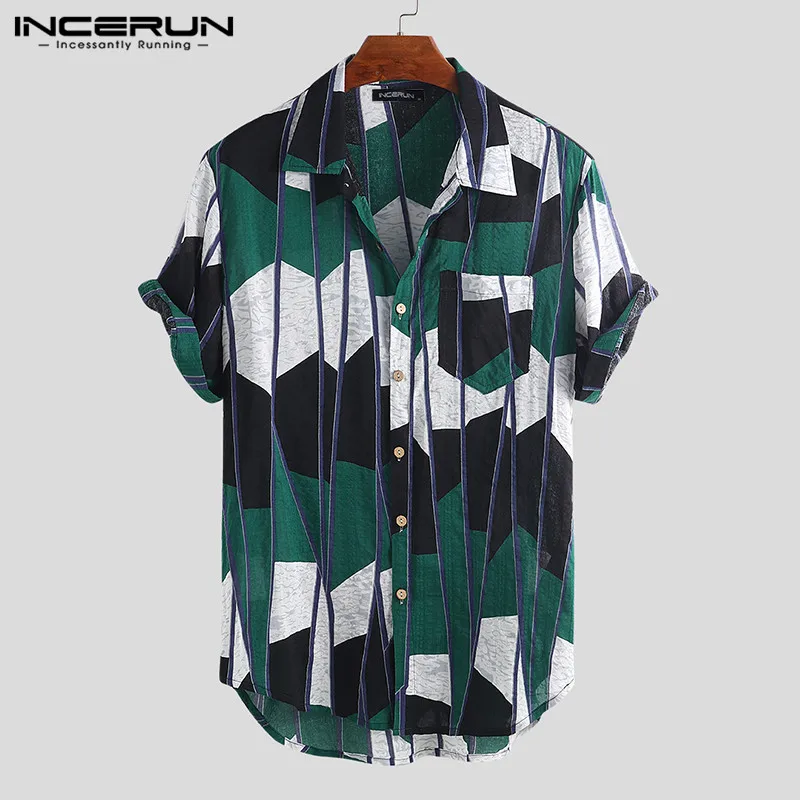 Летняя мужская рубашка с коротким рукавом, на пуговицах, с отворотом, на шее, повседневные брендовые топы, Camisa, с геометрическим принтом, Пляжная гавайская рубашка для мужчин, INCERUN