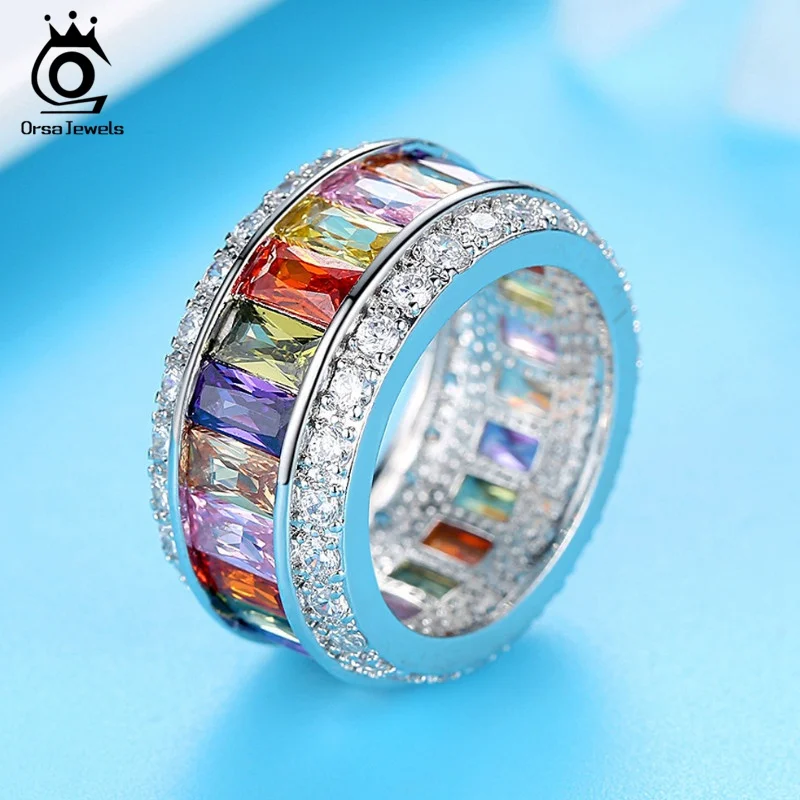 ORSA JEWELS Rainbow Colorful Rings Eternity For Women Classic Wedding & Engagement Band Handmade Female Fashion Jewelry PR50