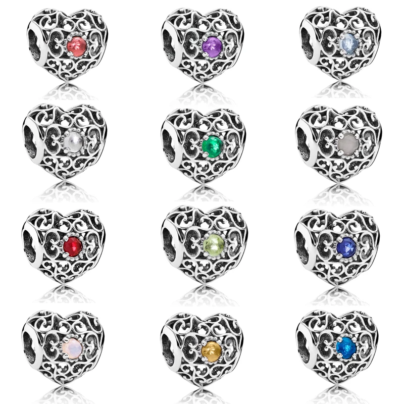 

925 Sterling Silver Openwork Heart Charm Month Signature Heart Birthstone Bead Fit Pandora Bracelet DIY Jewelry