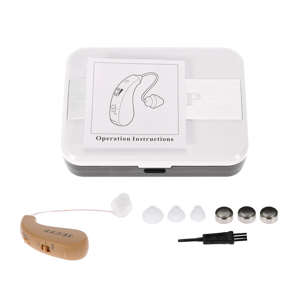 Мини слуховой аппарат Набор за ухом усилитель звука с УФ коробка высокой-низкой тон Чистящая щетка/затычки для ушей/кнопки батареи уход за