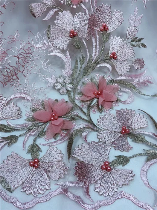 

African Lace Embroidered Mesh French Tulle Lace Fabric High Quality 3D Lace Fabric For Party Dress Pink(YJ-12-18