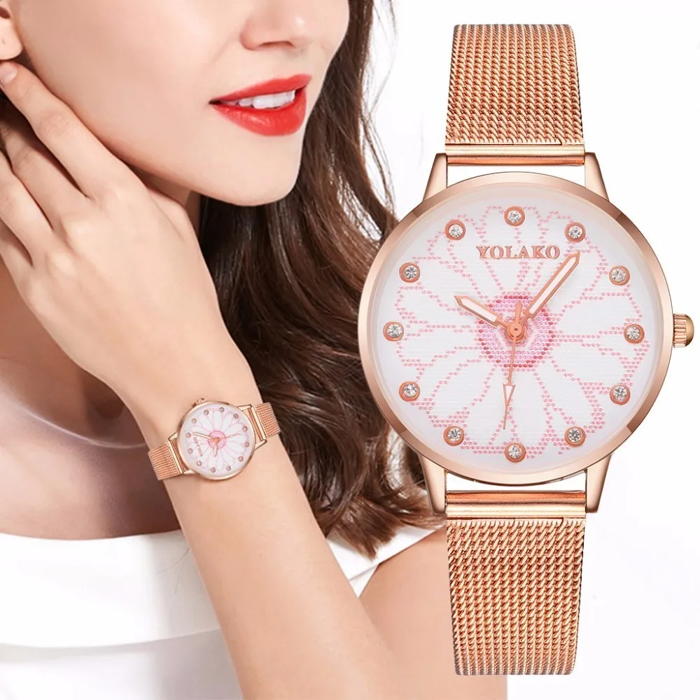 

Women Rose Gold Stainless Steel Mesh Flower Watches Casual Luxury Ladies Quartz Watch YOLAKO Clock