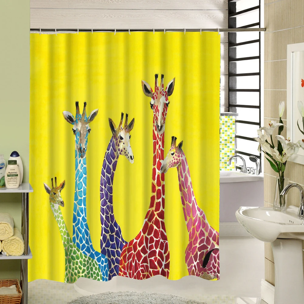 

Five Giraffe with Different Color Skin Are Chatting In A Big Yellow Background Animal Cartoon Design Shower Curtain for Kids