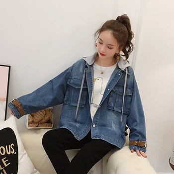 

Spring Autumn Women denim jacket 2018 New Hooded female jacket Student Loose Wild Single Breasted Long Sleeve lady jacket ly0344