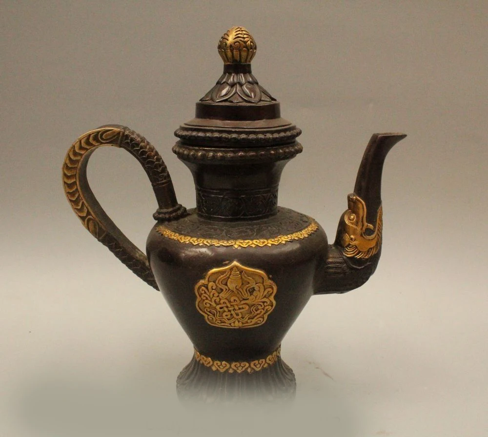 

DS 10" Tibet Buddhism Bronze Gild 8 Auspicious Dragon Water Wine Tea Pot Flagon