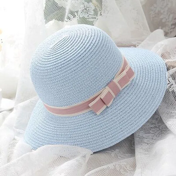 Женская модная соломенная шляпа ручной работы с бантом, Женская Летняя шляпка, пляжная шляпа, шляпа от солнца - Цвет: Blue