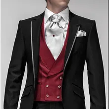 На заказ костюм людей, заказ черный смокинг куртка и брюки с v-образным вырезом красный жилет, классический черный свадебные костюмы для мужчин