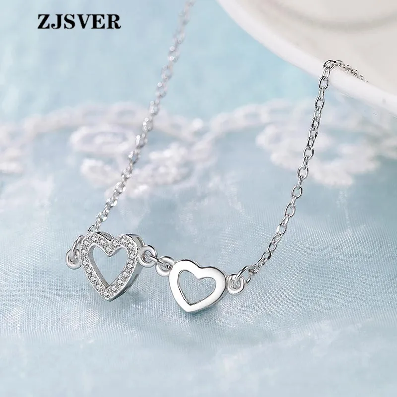

ZJSVER Fine Jewelry 925 Sterling Silver Necklace Zircon/Glossy Two Heart Pendant Fashion Silver Chain Women Necklace For Gift