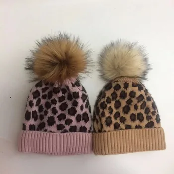 

6 months to 2 Years kids baby Beanies Leopard pompom baby boys girls Knitted hats Faux fur ball winter knit kid girl Earflap Cap