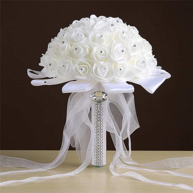 Ramos de Novia Ivory Flower Rose Wedding Bouquet with Ribbon Handmade