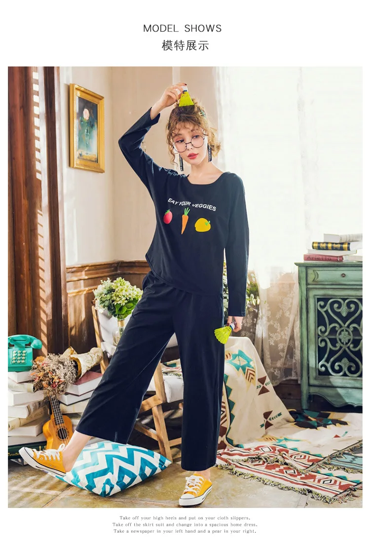 Женский пижамный комплект, осенняя Хлопковая пижама с длинным рукавом, пижама с принтом букв, домашняя одежда для женщин, костюм для сна