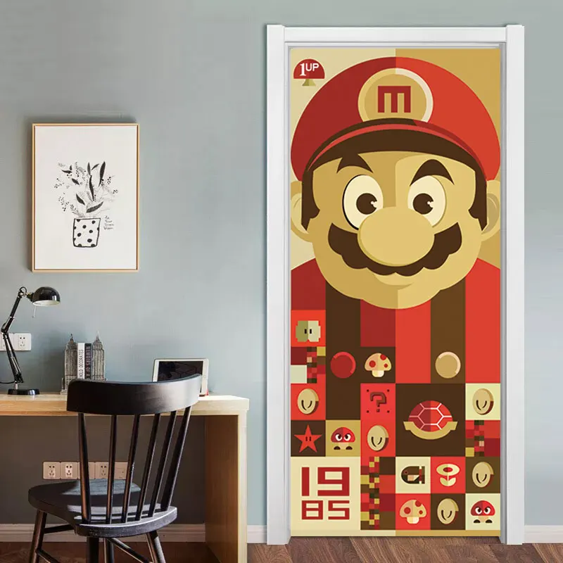 3D Super Mario Door Decor Art Mural For Kids Room Playroom Cartoon Vinyl Door Stickers Removable DIY Decal Waterproof Wallpaper