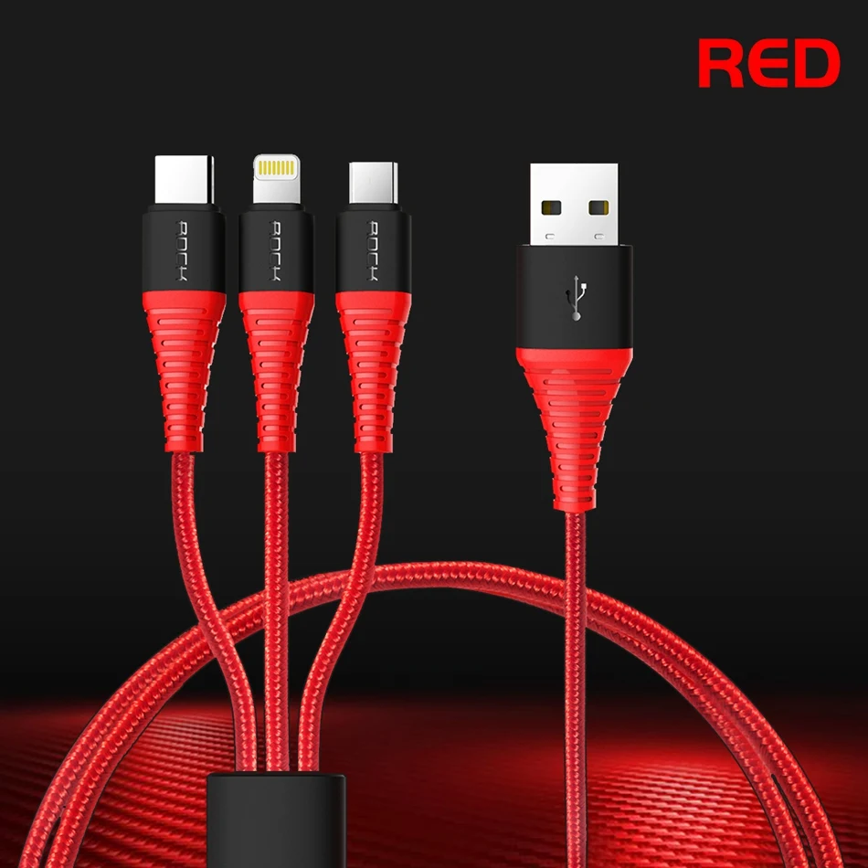 ROCK 3 в 1 usb type C Micro USB и зарядный кабель для iPhone, высокопрочный зарядный USB кабель для iPhone X 8 7 6 6 Plus