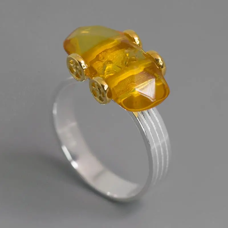 

INATURE Natural Amber 925 Sterling Silver Fashion Creative Car Finger Rings for Women Jewelry Bijoux