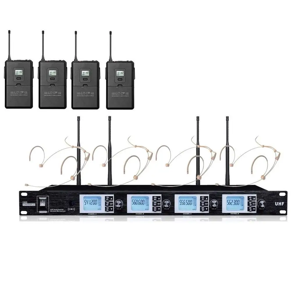 Bolymic UHF 무선 무선 마이크, 마이크 시스템 규정 준수 4 헤드셋 마이크 전문 교회 극장 파티