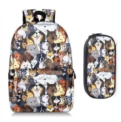 

cute kitten cats / puppy dogs print backpack + pencil bag for teenager boy girl children school bags kids bookbag women backpack