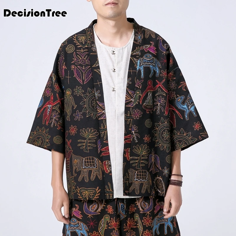 

2019 summer high street japanese style men kimono three quarter sleeves cotton & linen drop shouder kimono coat