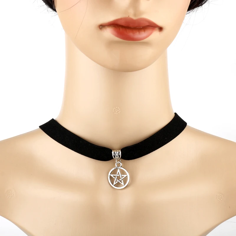 

Black Lace Leather Velvet Choker Punk Gothic Pentagram Pendant Vintage Silver Supernatural Collar Necklace Femme Chocker Jewelry
