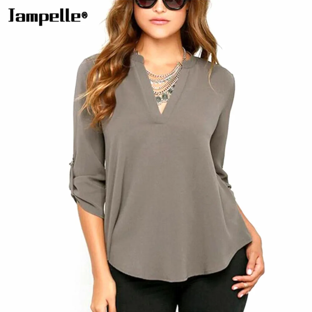 

Women's V Neck Solid Chiffon Blouse Tops Sexy Stylish OL Long Sleeve Shirt Blouses 4 Colors Plus Size M-XXL New