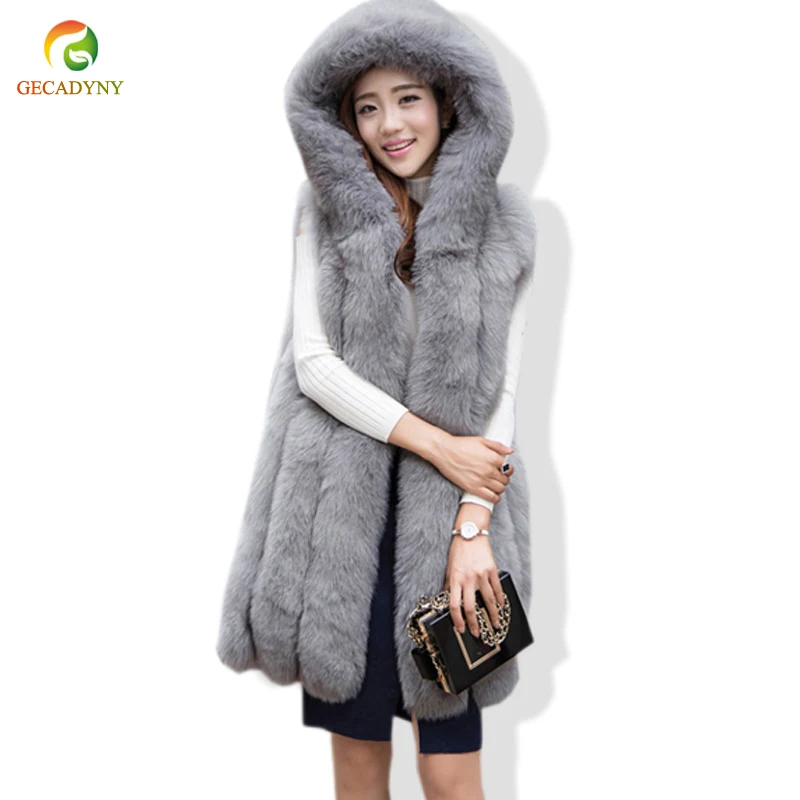 Faux Fur Coat Winter Women Casual Hooded Warm Slim Sleeveless Faux Fox Fur Vest Thick Jacket Coat Women Casaco Feminino Tanks