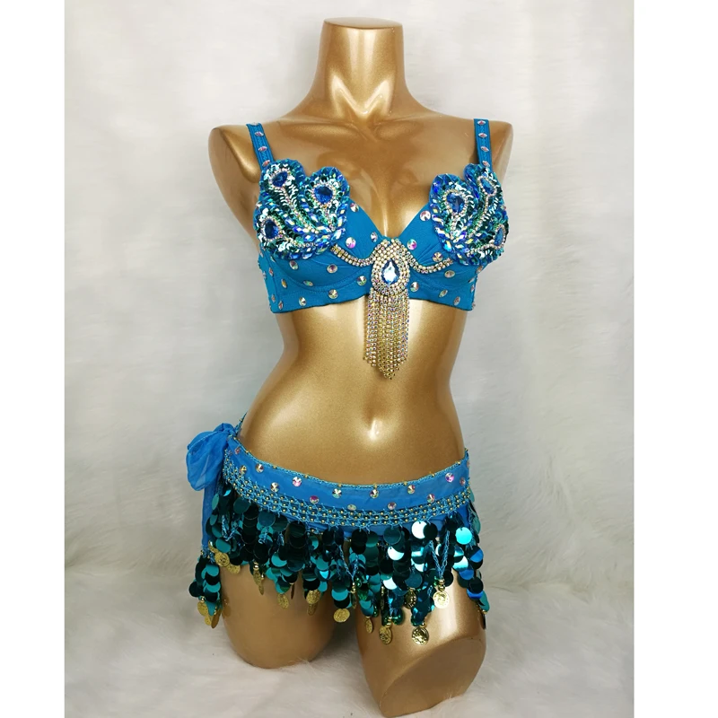  Samba Belly Dance Costume FREE SHIPPING Hand Beaded Turquoise & Red Color Top Bra and Hip Scarf Bel