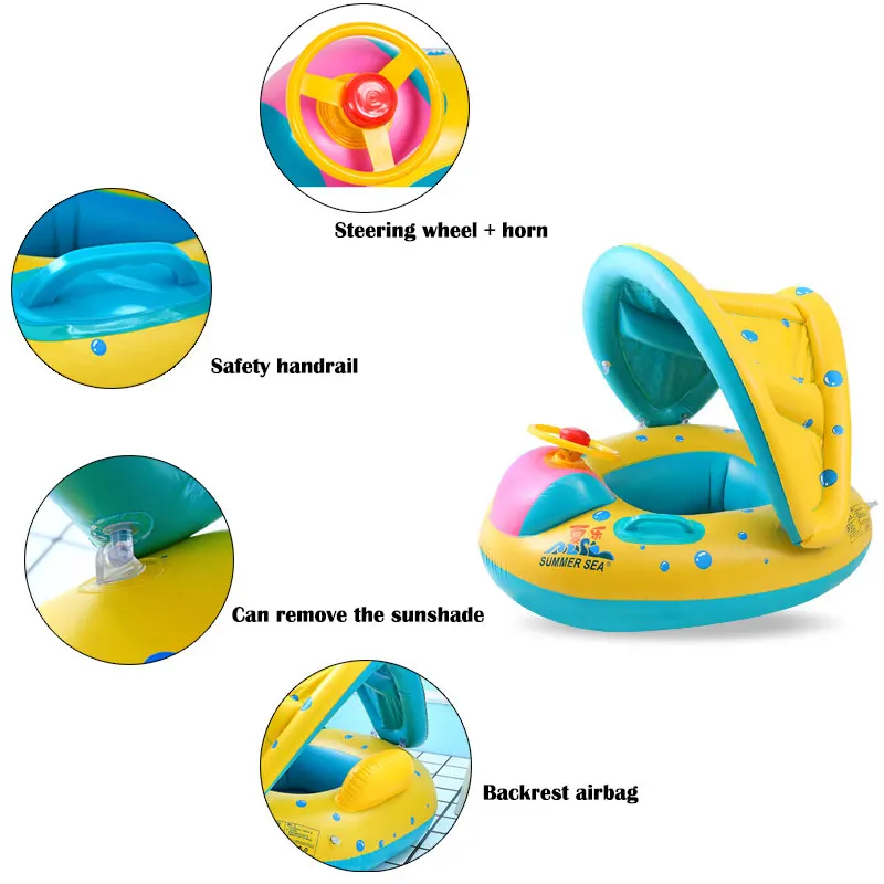 Safe Baby Inflatable Ring Baby Float Children Swimming Circle Pool Accessories Inflatable Wheels With Adjustable Sunshade Seat