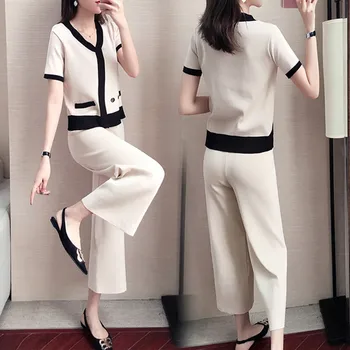 

2019 Summer Women Knitted Pants Set Sweaters 2Piece set V-neck Short Sleeve Pullovers Jumper Top + Solid Wide-leg Trousers Set
