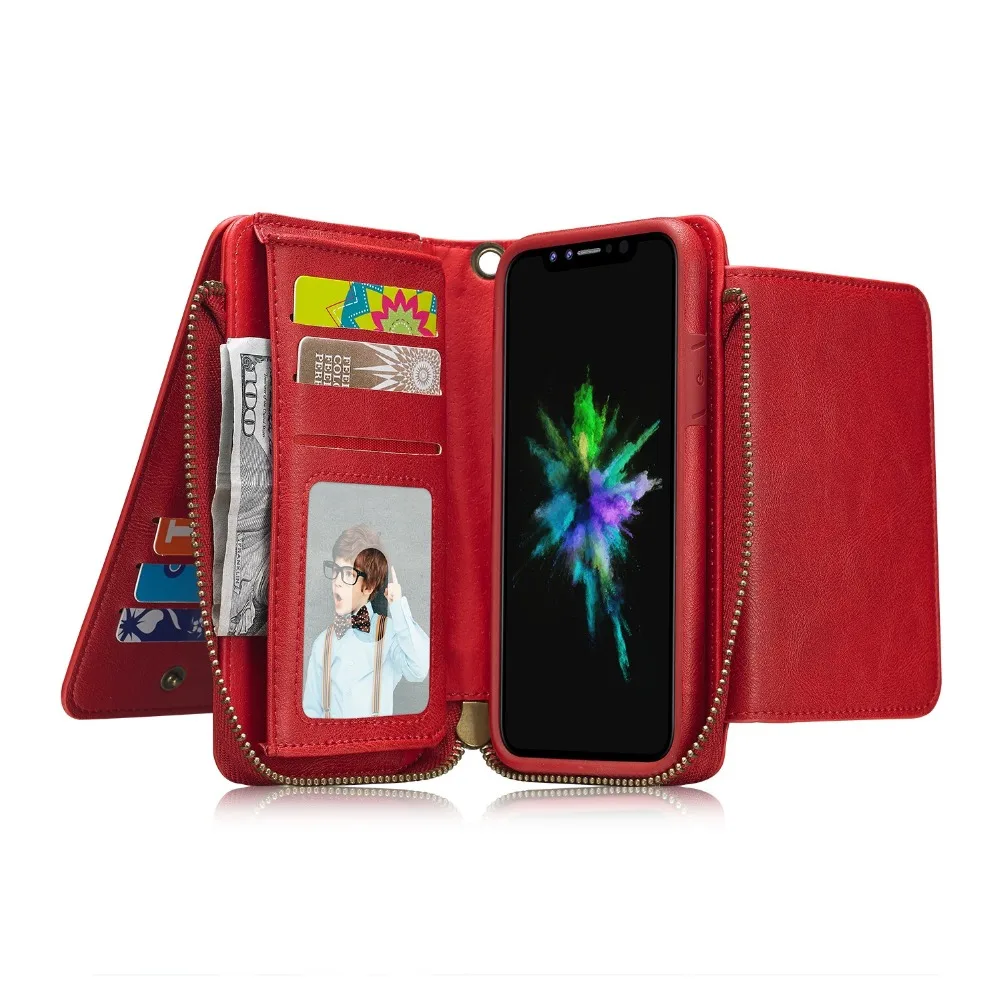 Роскошные Высокое качество многофункциональный бумажник чехол для iPhoneX Megnetic Съемная молнии бумажник кожаный чехол флип для iPhoneXs