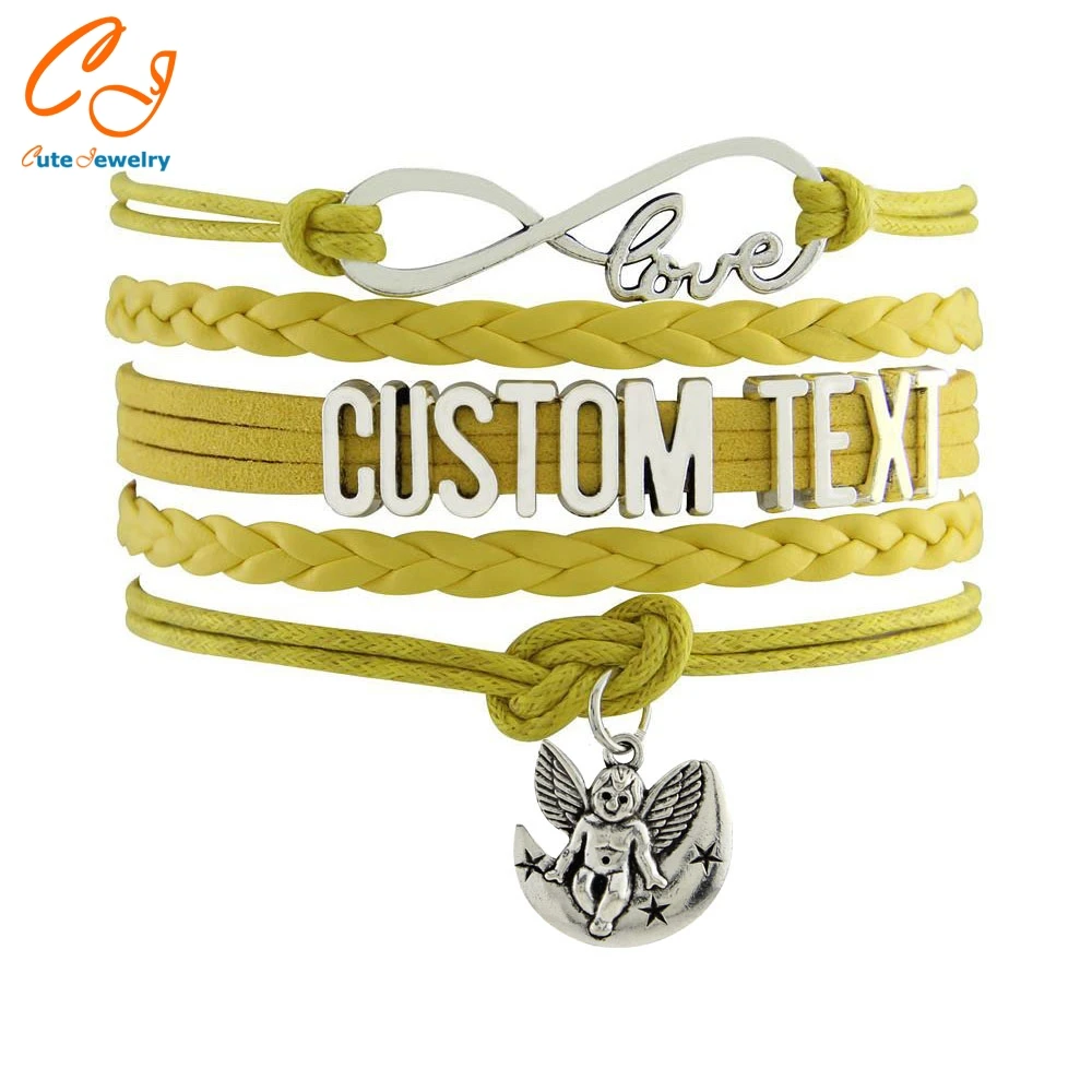 

Infinity Bracelets Custom Text colorful Leather Cord Wrap Bangle Angel baby Christmas Gift Drop Shipping