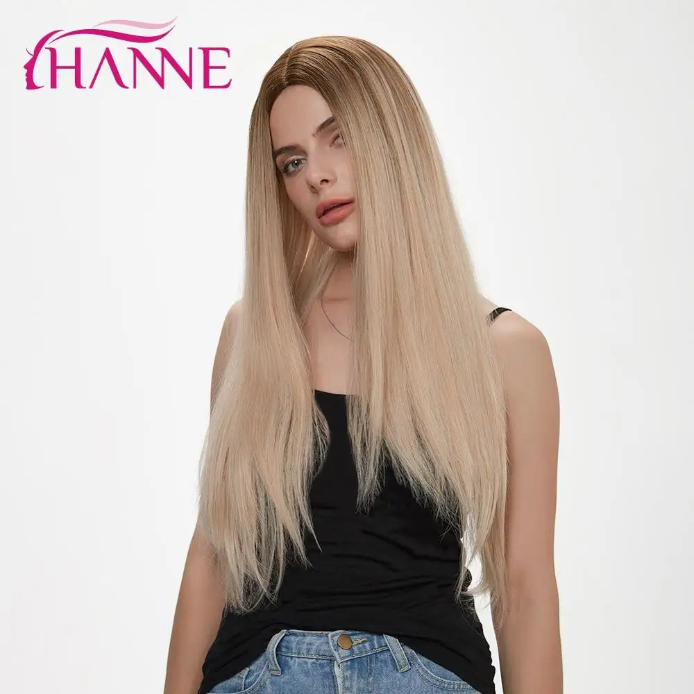 HANNE длинные прямые синтетические парики для женщин Омбре блонд/черный/коричневый натуральные волосы парик косплей средняя часть длинный парик