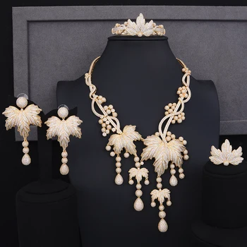 

missvikki Luxury Gorgeous Leaves Pendant Earrings Necklace Ring Bangle Band Jewelry Set Russia Nigerian Wedding Show Accessories