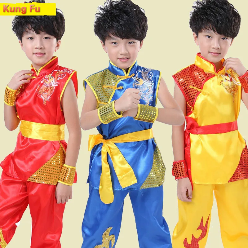 

2019 Chinese 4 Pieces Set Kids Chinese Dragon Tradition Tai Chi Uniform Wushu Stage Kung Fu Clothing Martial Arts Wing Chun Suit