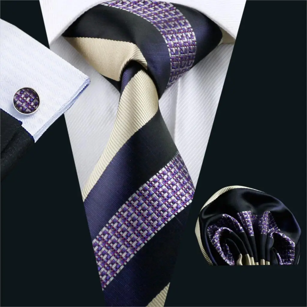 FA 539 Mens Tie Purple Stripe Silk Jacquard Classic Tie Hanky Cufflinks