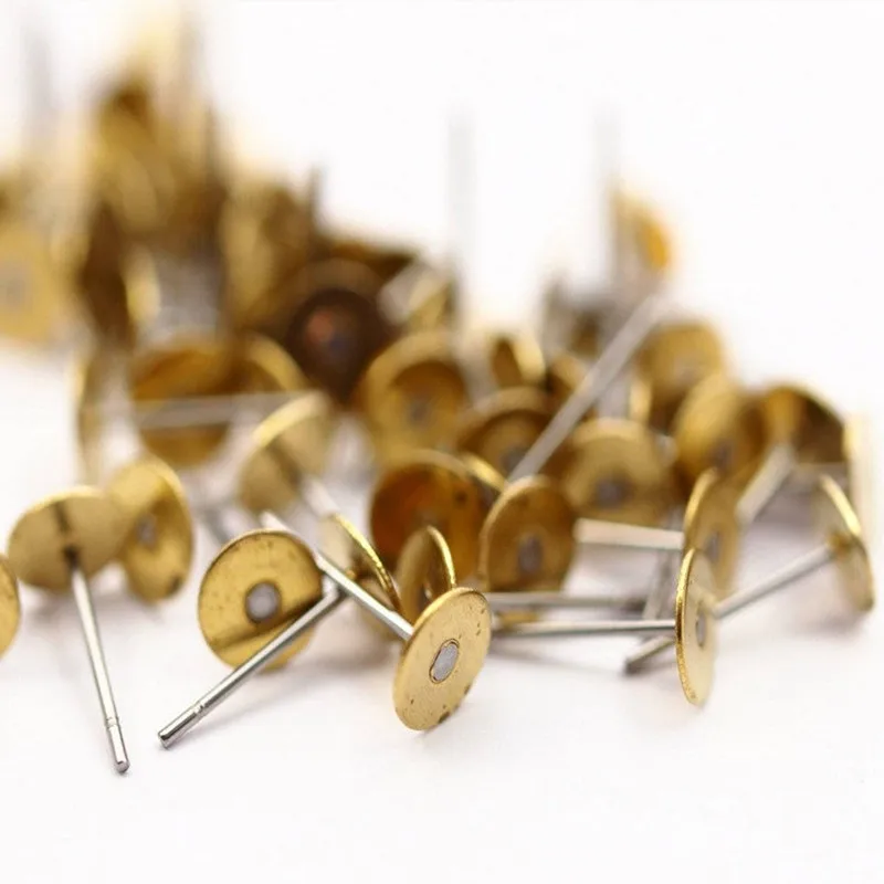 

100pc Stainless Steel Earring Posts With Raw Brass Flat Pad, Ear Studs (Nickel Free and Lead Free). 2-6mm Flat Pad choose size