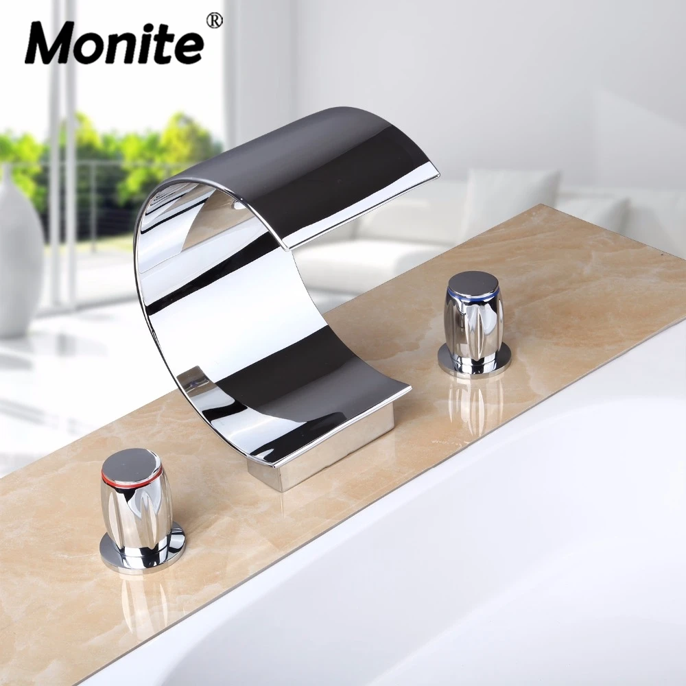 Deck Mounted Double Handle Bathroom Taps Round Bathroom Faucets 3 Holes Bathroom Faucet Mixer