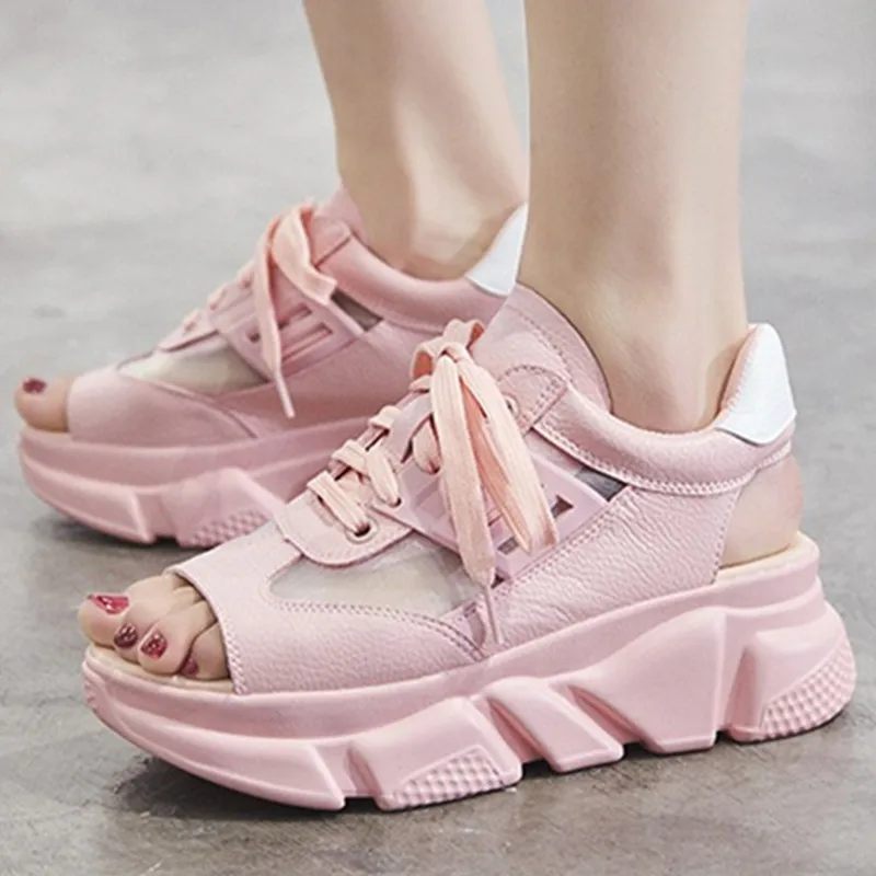 

GYP Women Summer Fashion Running Mesh Leather Pink Lace-up Breathable Shoes Ladies Wedges Sandals Walking Platform Sandal MM-31