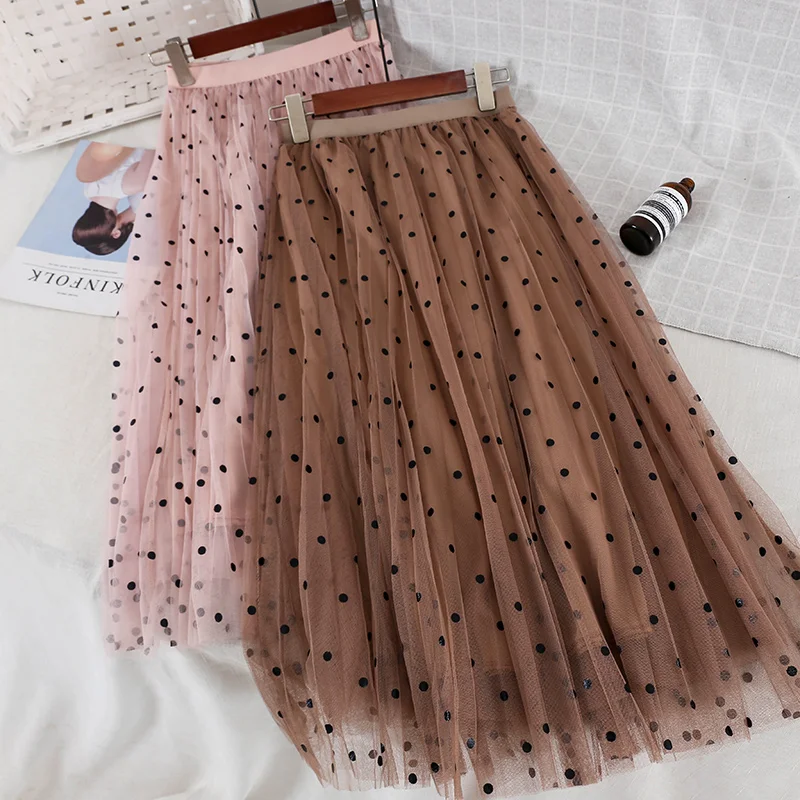 

2019 new fashion women's skirt autumn and winter sweet dot mesh high waist skirt 2525